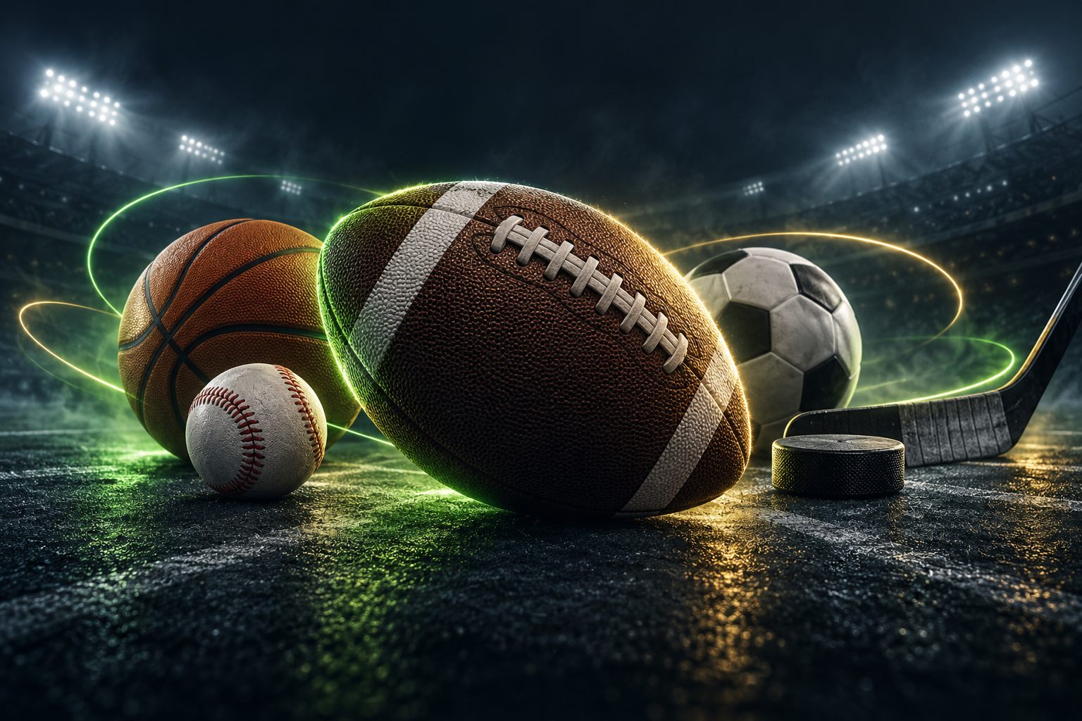 Football takes center stage alongside a basketball, baseball, soccer ball, and hockey puck under stadium lights